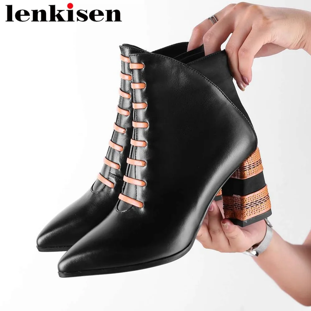 

Mixed colors natural leather british style chelsea boots retro oxford pointed thick high heels graceful lady zipper shoes L11