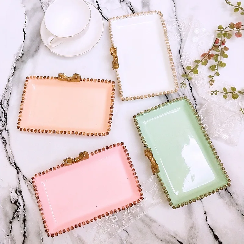 

Dessert Plate Decorative Tray For Home Storage Bow Serving Tray Makeup Organizer Storage Trays For Office Ceramic Ornaments