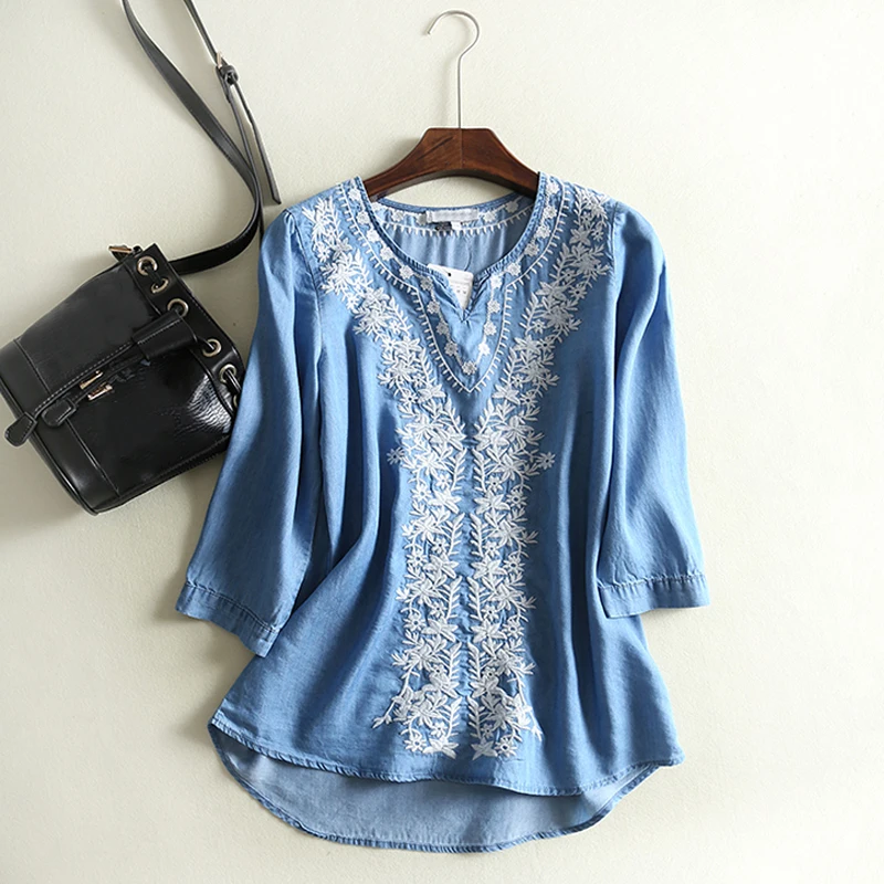Light Blue Plegie Летняя женская джинсовая рубашка Tencel Цветочная вышивка три четверти рукав v-образный вырез джинсовые топы женские винтажные рубашки - Цвет: Light Blue