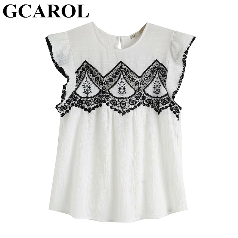 

GCAROL New Summer Embroidered Floral Crochet Shirt Ruffles Sleeve Baby Doll White Blouse Streetwear Sweet Basic Tops