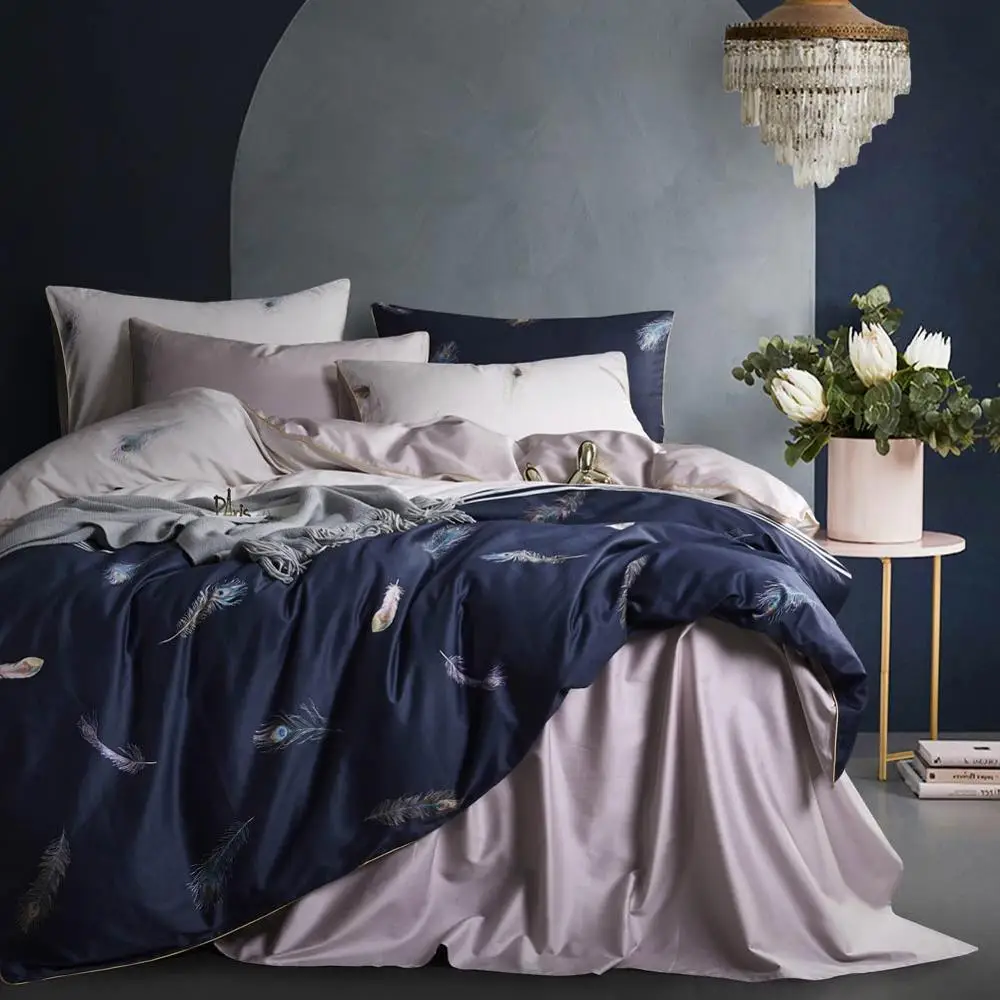 

2019 Dark Blue Peacock Tail Feathers Fashion Bedlinens Egyptian Cotton Bedding Set Queen King Size Flat sheet Duvet Cover Set