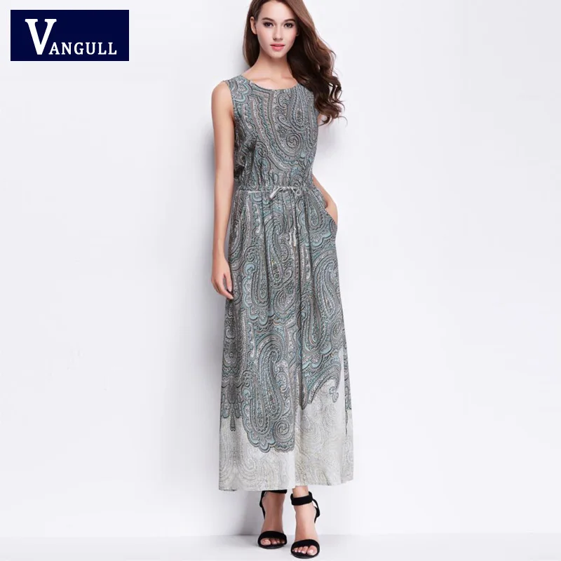 

New Summer dress Cotton Linen dresses 2018 new fashion women Casual Print Sleeveless elegant retro print long dress