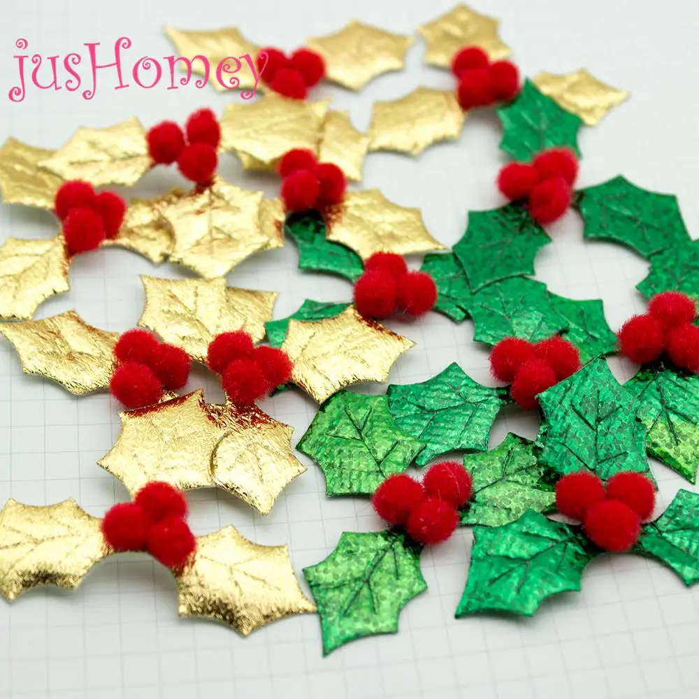 

150pcs Glitter Christmas Holly Appliques 50x45mm Gold, Green Holly Leaf w/ Red Pompom Berry for Christmas Decoration, Scrapbook