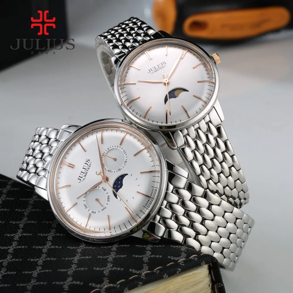 Julius Мода Досуг 316L сталь дорогой кварц Ограниченная серия Moon Phase Высокое качество логотип бренда хронограф часы JAL-041