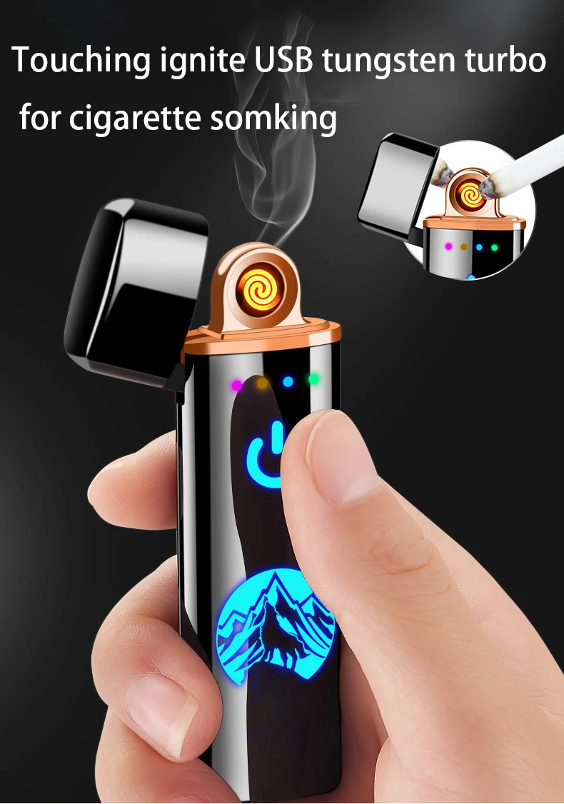 USB Зажигалка для сигарет для курения Электронная Turbo Tugsten изогнутая полноэкранная перезаряжаемая WilndProof гравировка имени