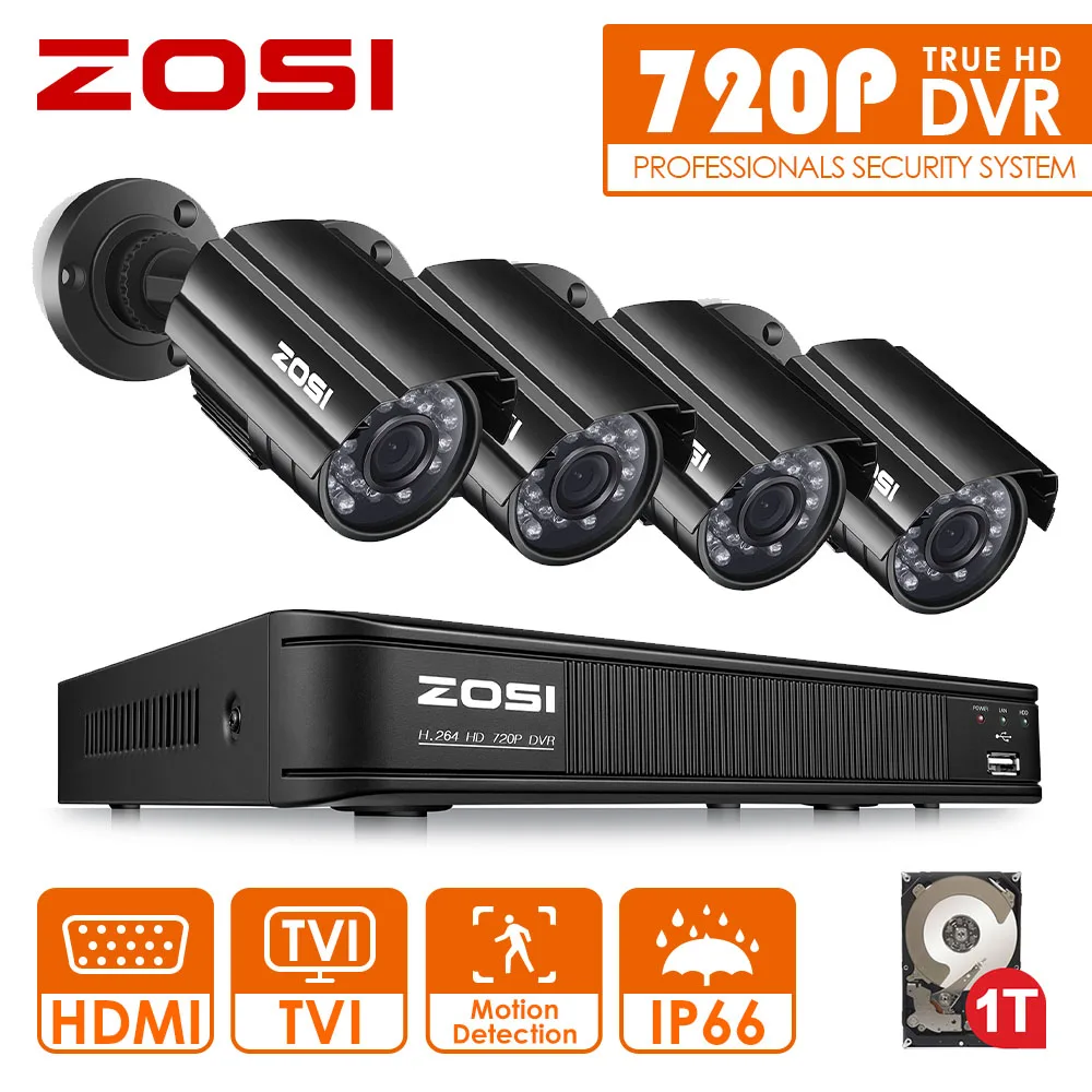 ZOSI 8CH CCTV System 8CH 720P DVR 4PCS 1.0MP IR Weatherproof Outdoor