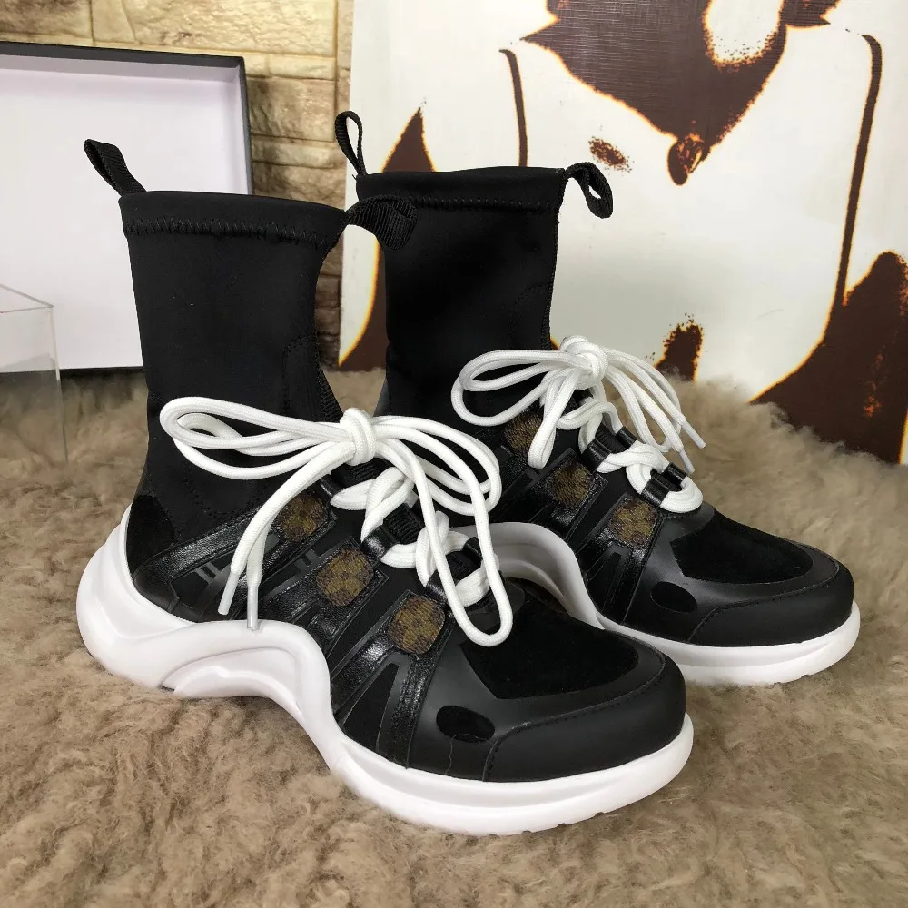 

Hot Women Mid-calf Boots Leather Short Booties Mixed Color Round Toe Front Lace Up Decor Women Sock Boots Sapato Feminino Brand