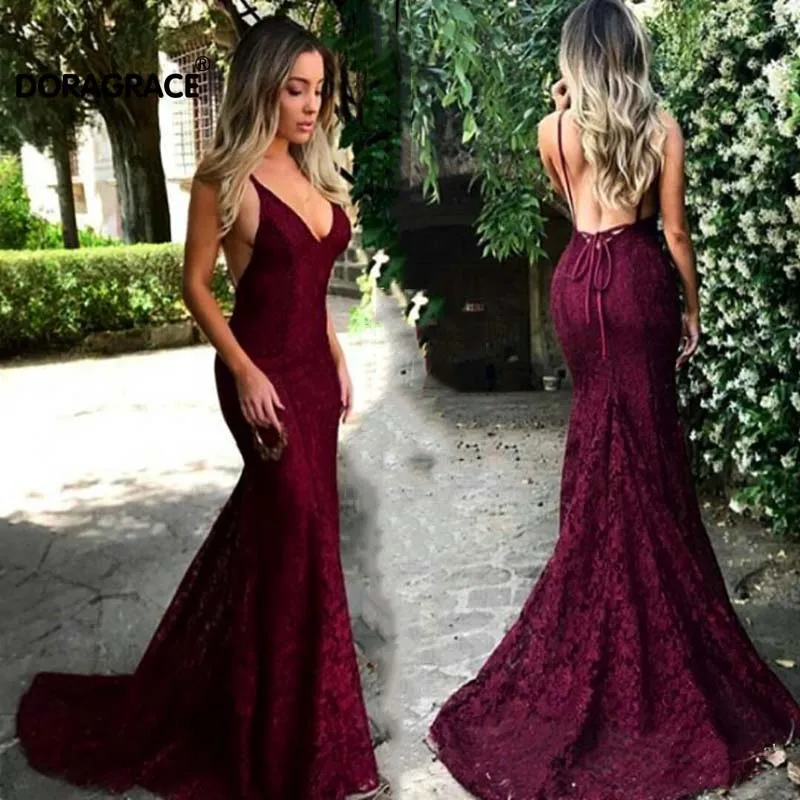 

Doragrace Real Photo Sexy Deep V-Neck Sleeveless Spaghetti Straps Backless Prom Dress Mermaid Prom Gowns Lace Evening Dresses