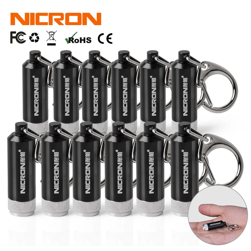 NICRON 0,25 W Горячая Supoer мини фонарик выпуклая зеркало светодиодный микро брелок мигающая лампа фонарь фонарик с карабином G10A - Испускаемый цвет: Black-12Pcs