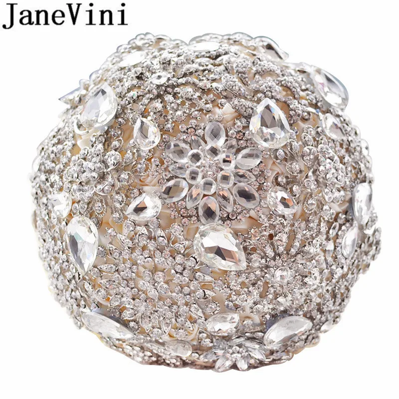 JaneVini роскошный алмаз атласные цветы Искусственный Свадебный букет с Кристальный Свадебный букет розы бисером слоновой кости брошь невесты