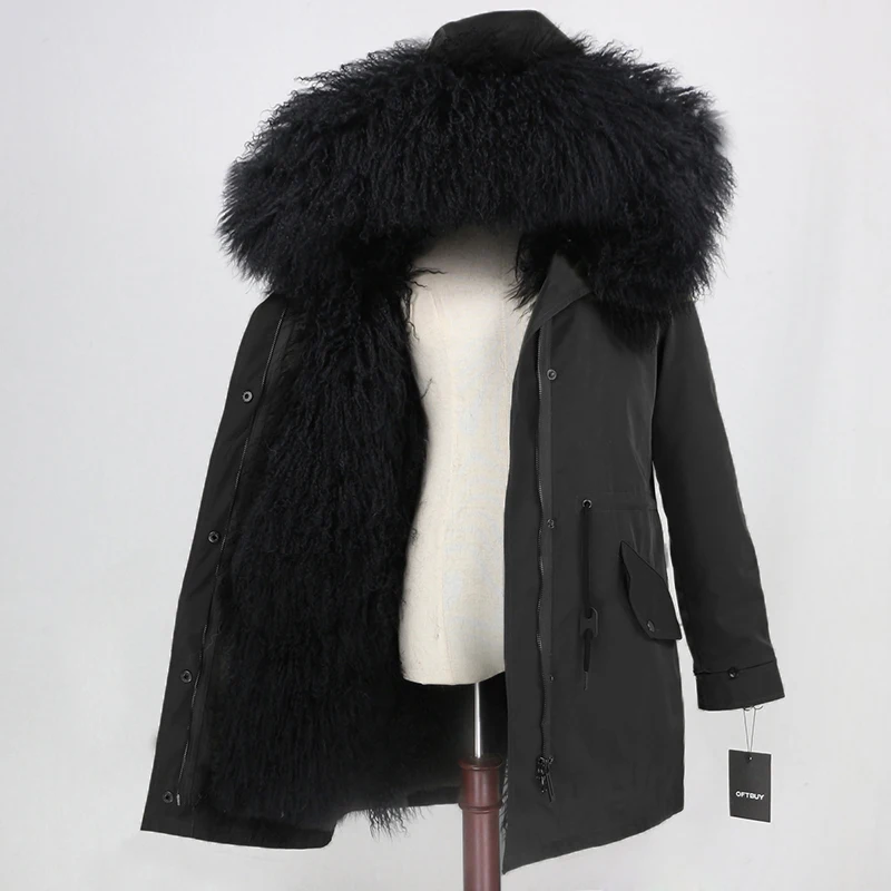 OFTBUY,, настоящая монгольская овечья шерсть, пальто, женская длинная парка, зимняя куртка, съемная, водонепроницаемая, верхняя одежда, роскошный бренд, уличная одежда - Цвет: full black