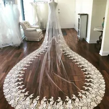 Роскошная Высококачественная свадебная вуаль на заказ, Кружевная аппликация по краям, Мягкая сетчатая одноярусная Фата для собора, свадебные аксессуары