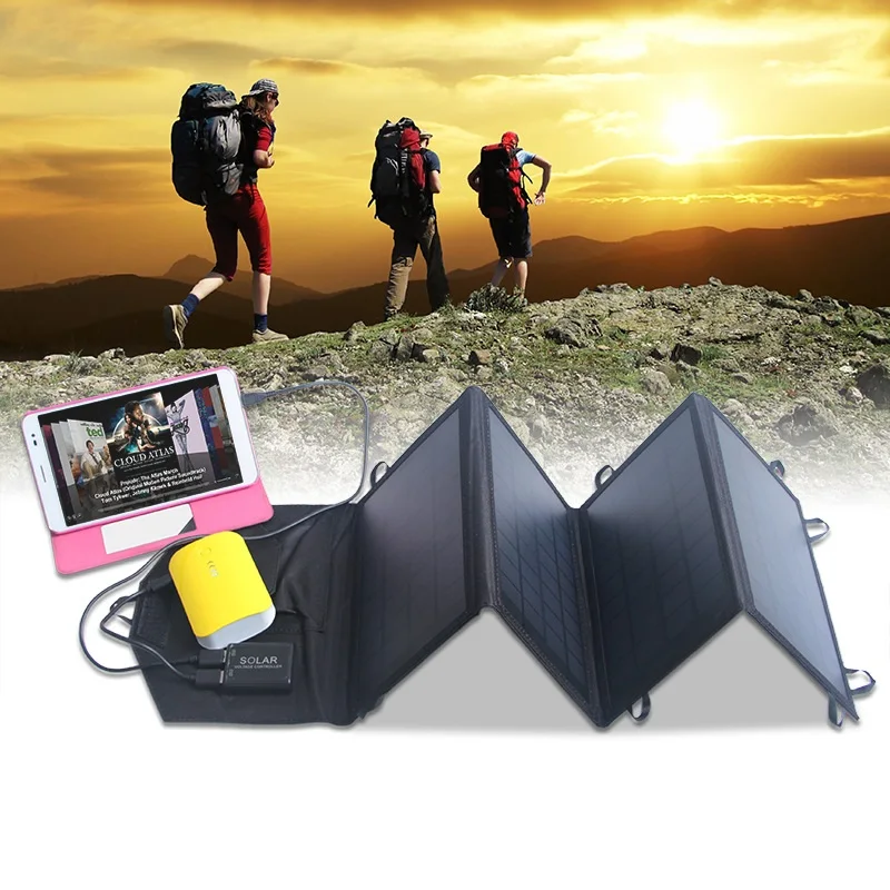 14W 18V/5V 2 Port Solar Charger with Portable Foldable Solar Panel Battery Charger Backup For