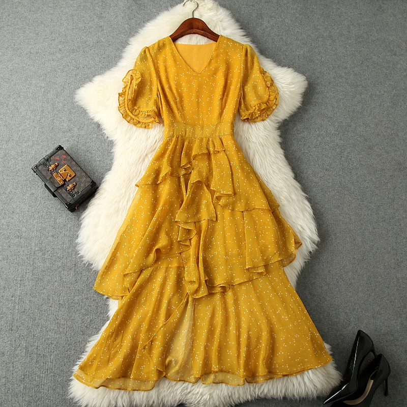 

2019 NEW spring summer party Long dress Women elegant Chiffon Cascading Ruffle Dot Dress xl fashion ladies Short sleeved dresses