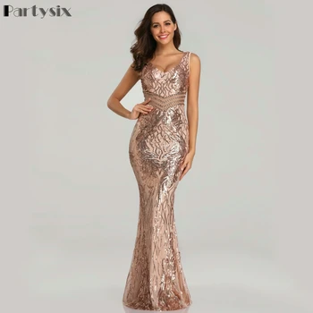 

Partysix 2019 Women New Sequins Dress See-through Beads Long Eevning Party Dreess