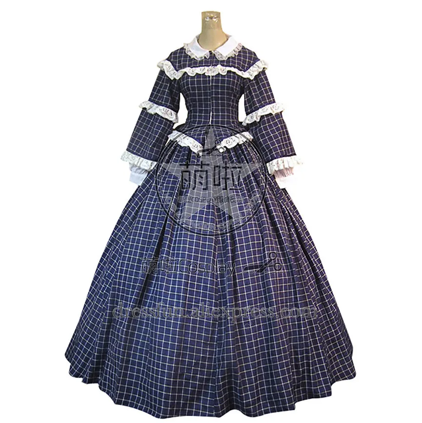 Гражданская война Викторианский Gingham бальное платье День с грациозным кружевом