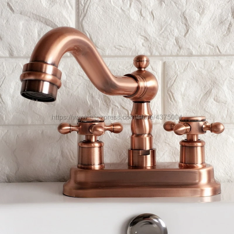 Antique Red Copper Deck Mounted Two Holes Bathroom Basin Faucet Bath Faucets Swivel Spout Vessel Sink Faucets Nrg047