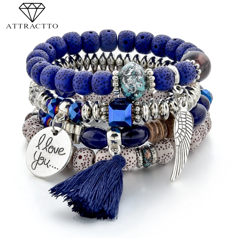 

ATTRACTTO Blue Handmade Angel Wings Bracelets For Women Tassel Bracelet Charms Bohemian Jewelry Friendship Bracelets SBR190154