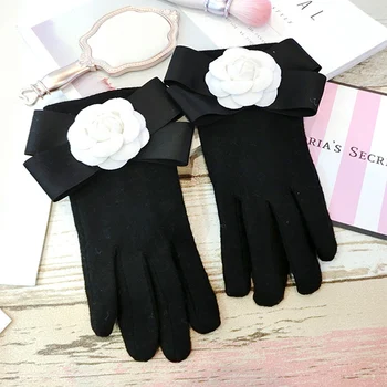 

Fashion Winter White Camellia Bow Gloves Women Solid Black Cashmere Touch Screen Mittens Finger Thickening Warm