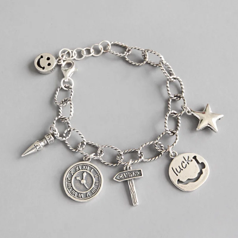 

HFYK 925 Sterling Silver Bracelets For Women Vintage Smiley Face Bracelet lucky Pendant Bracelets Bangles Pulseira Feminina