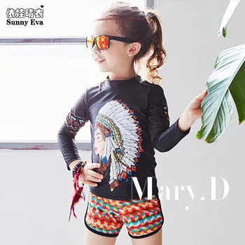 

sunny eva girls swimsuit two piece swim suit kids Indian head print long sleeve swimwear with short or pants children