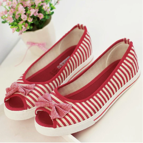 Striped Open Toed Flat Canvas Shoes Women Flats Summer Casual Shoes