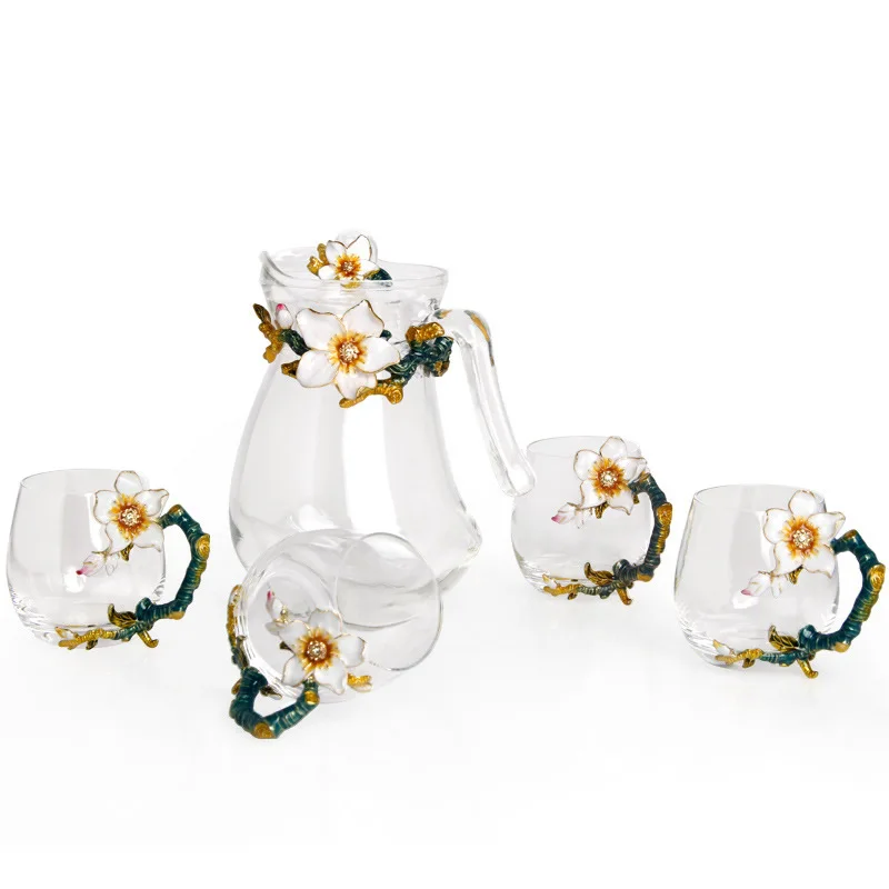 

Crystal Water Pot And Cup Set Color Enamel Drinkware Teapot Drinking Mugs Lemon Juice Box Packing Coffee Tea Cup kIt 5pcs/set