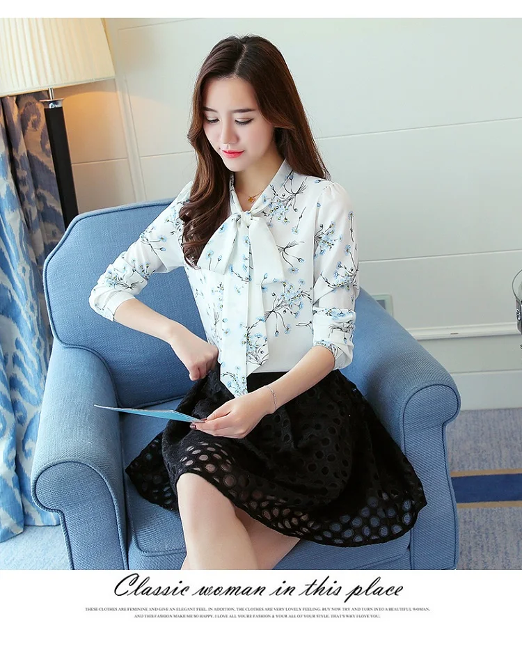 Fashion Spring Autumn Print Bow Collar Womens  Long Sleeve Office Lady Tops Elegant Chiffon Blusas Shirts Slim Casual Blouses