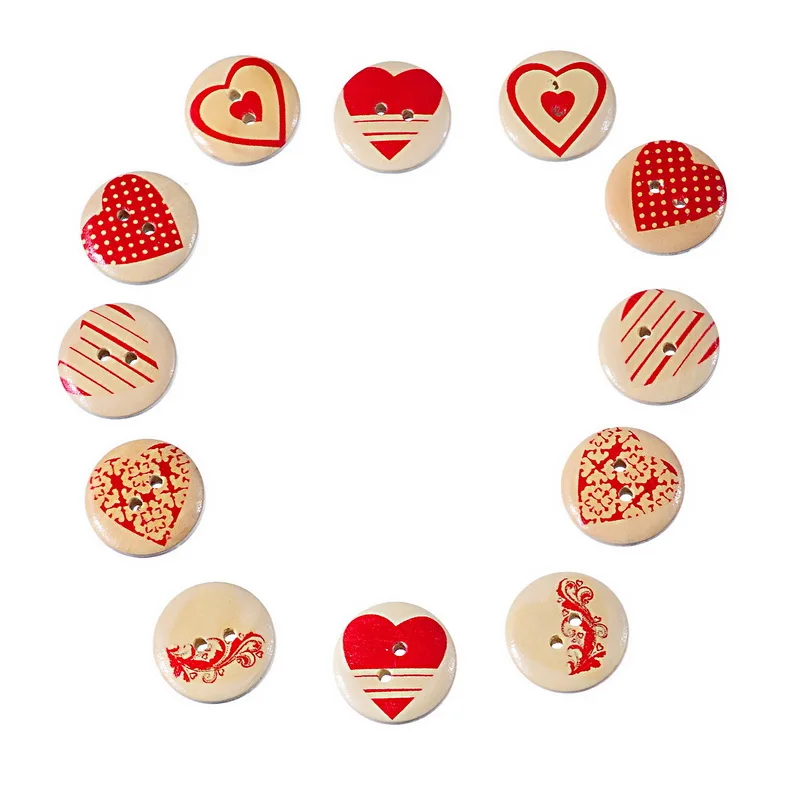Wooden Buttons Mixed Red heart pattern Round 2-holes sewing scrapbooking 20mm