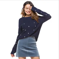 Красивый женский свитер с вышивкой со звездой 2019 Новый дизайн мягкий короткий белый темно-синий трикотаж модный Свободный пуловер осенний