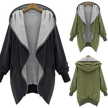 

New Arrival Women Autumn Winter Solid Color Zip Hooded Batwing Overcoat Jacket Coat Outwear
