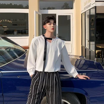 

Couple Clothing Men Summer Lotus Leaf Collar Ribbons Loose Casual White Pullover Shirt Male Women Streetwear Party Dress Shirt