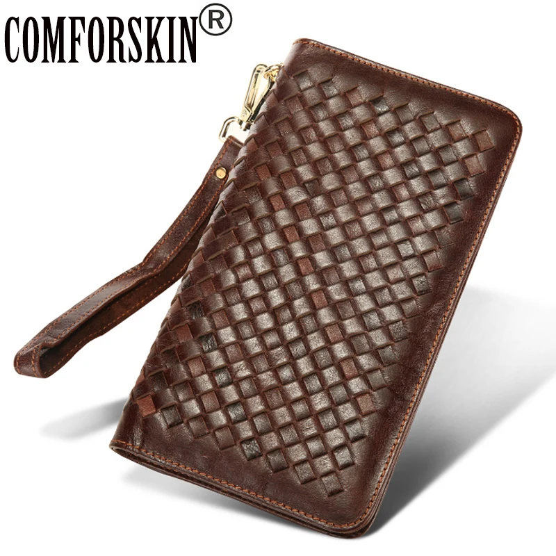 

COMFORSKIN Brand Carteira Masculina Retro Genuine Leather European and American Large Capacity Knitting Style Clutch Coin Purse