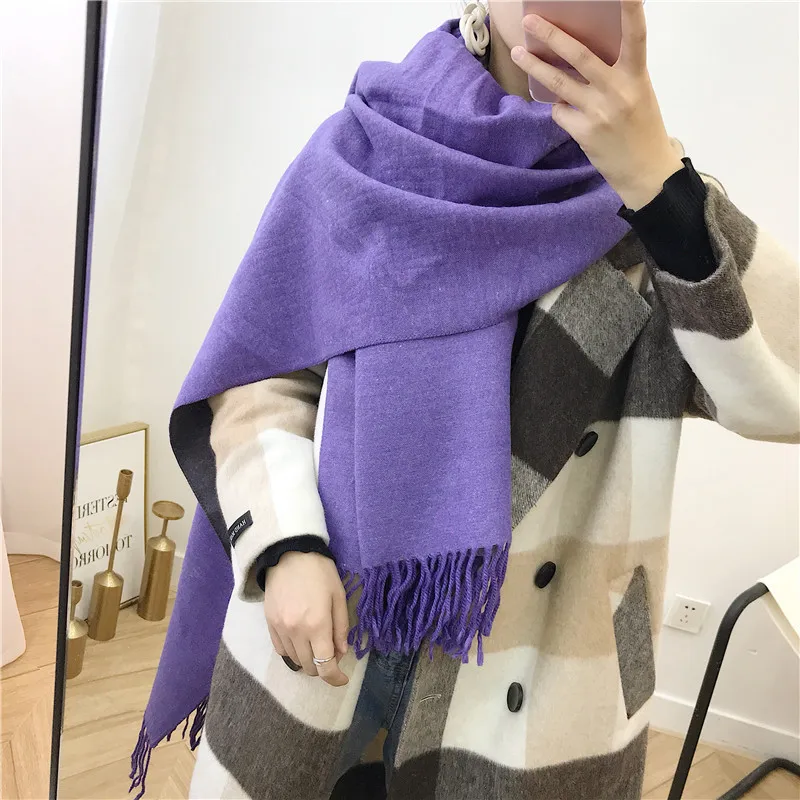 Female new 10 colors tassel scarf monochrome double-sided warm shawl imitation cashmere bib