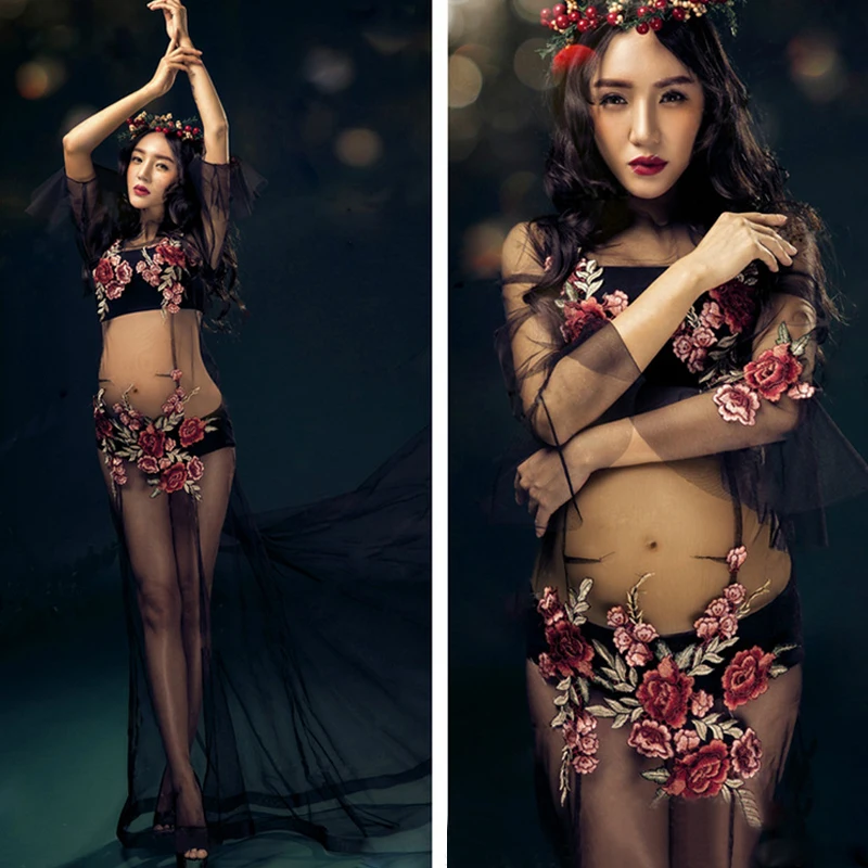 

Black Embroidered Dress Pregnancy Photo Shoot Beach Dress Maternity Long Dress Pregnant Photography Props Fancy Clothing zl484