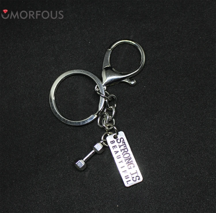 1PC Retails Dumbbell Key chain STRONG IS BEAUTIFUL Gym KeyRings Fast Shippig Gift