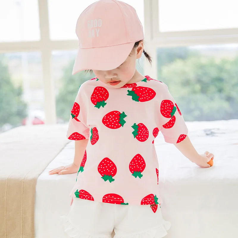 

Girls'Strawberry Printed Short Sleeve T-shirt Children's Round-collar Cotton Top