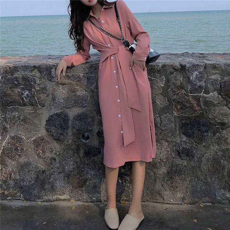 

Women's Clothing korean Style V-neck Spring new Pink long sleeve dress fashion elegant dresses turn-down collar split aesthetic