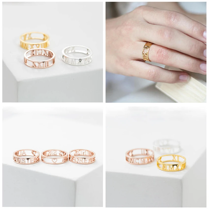 Персонализированные римские цифры из нержавеющей стали, золотистое кольцо, кольцо на заказ, обручальные кольца для женщин, ювелирные изделия для пар