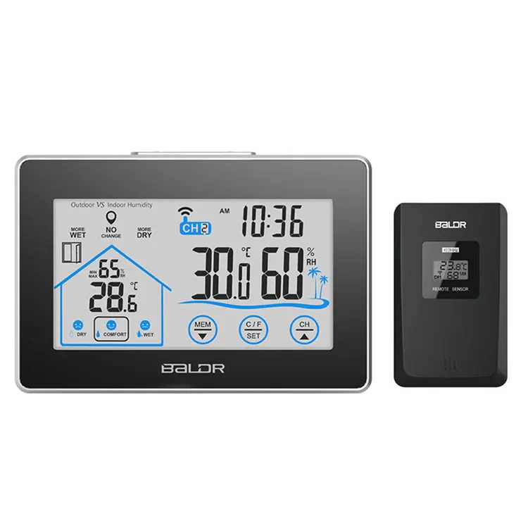 

Weather Station Wireless Touch LCD Temperature Humidity Meter Sensor Hygrometer Clock Digital Thermometer for Indoor Outdoor