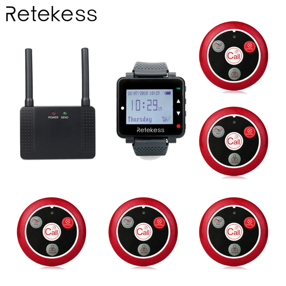 

Retekess Wireless Calling System T128 Watch Receiver + T117 Four-key + Wireless Repeater Transmitter Button Restaurant Pager