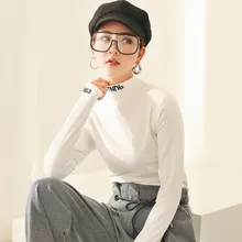 Половина-Высокий воротник Джемпер Женская новая Корейская версия хлопка с длинными рукавами женская футболка плюс бархат тонкая рубашка