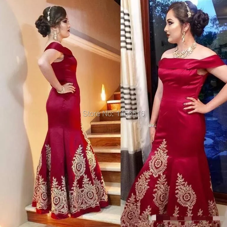 2018 Vintage Arabic Abendkleider Mermaid Formal Evening Dresses with Gold Appliqued Off Shoulders Floor Length Prom Dresses Long Party Gowns (3)