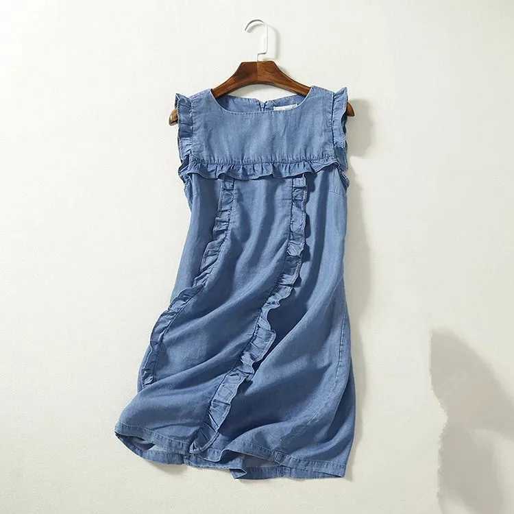 Summer Sleeveless Mini Soft Jeans Dress Women Frilled Ruffles Dress Casual Sundress Short Denim Beach Dress