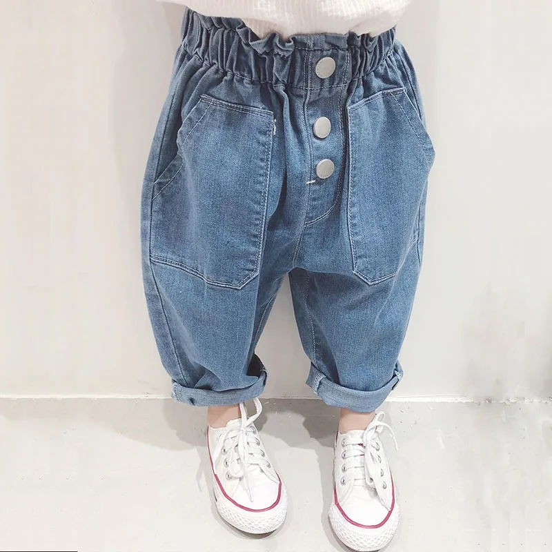 

Fashion Blue Baggy Girl Jeans Elastic Close Fitting Pants Spring Pants Girl Trousers Kid Clothing