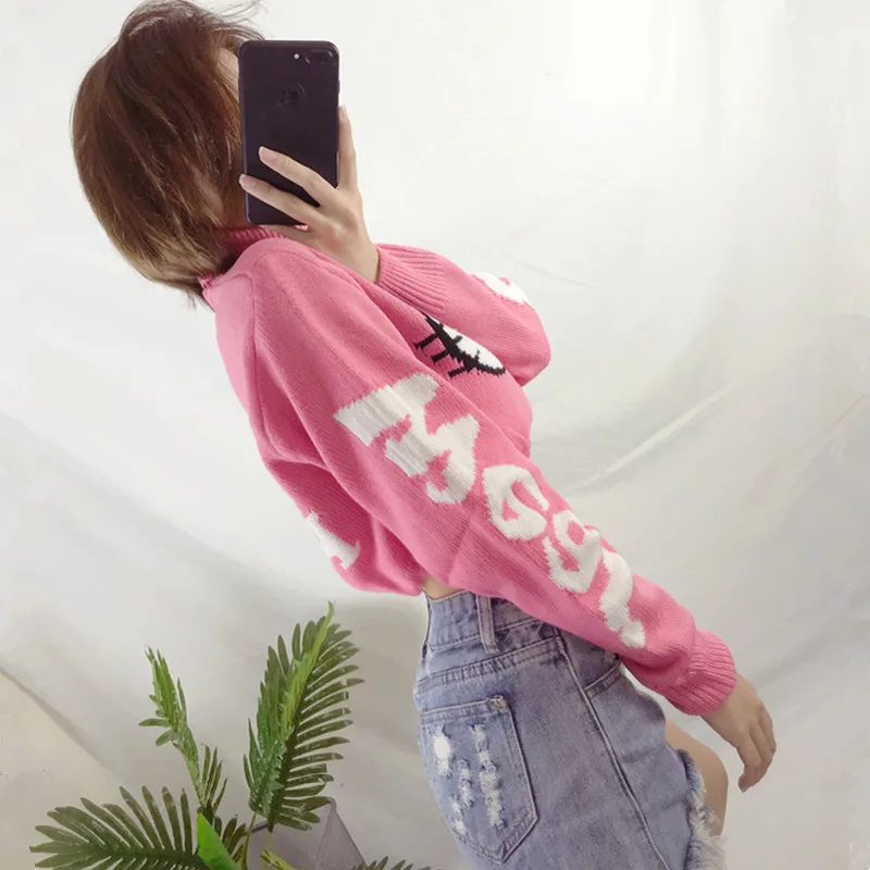 Cute Hello Kitty Cartoon Pattern Cropped Sweater Women European American Style Streetwear Knitted Crop Tops Turtleneck Sweaters