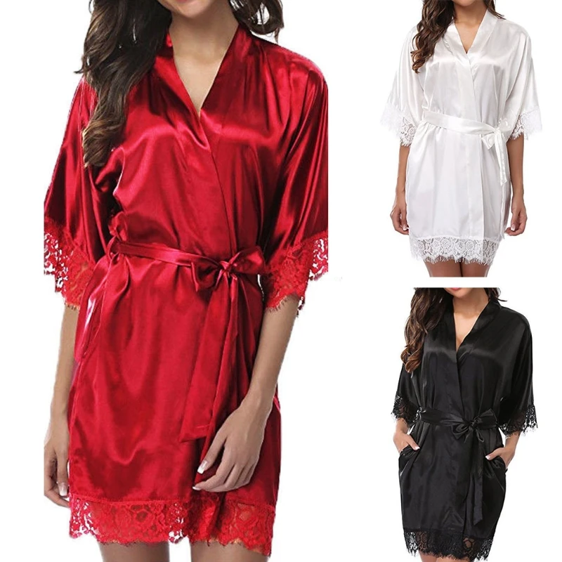 

Women Sexy Wedding Dress Gown Short Ice Silk Bride Robe Lace Kimono Nightwear