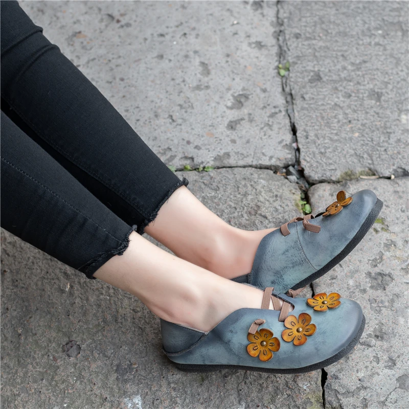 

Women Flats Flower Leather Spring Shoes Women 2019 Sweet Girls Loafes Genuine Leather Women Lazy Shoes Handmade Retro Flats Sale
