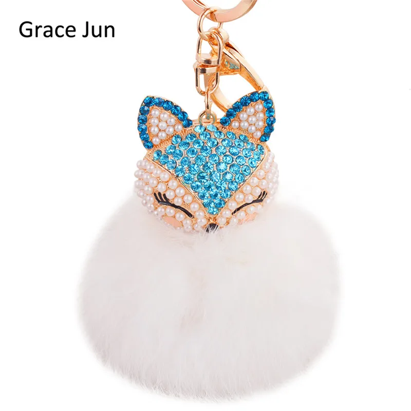 

13 Colors for Choose Genuine Rex Rabbit Fur Fluffy Simulated Pearl Crystal Fox Shape Keychain Women Handbag Key Charm Pendant
