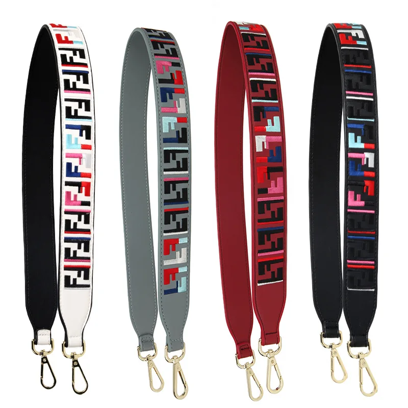 

90x4cm Wide Genuine Leather Handbag Belt Messenger Bag Embroidery F Letter Pattern Design Multi-color Shoulder Strap
